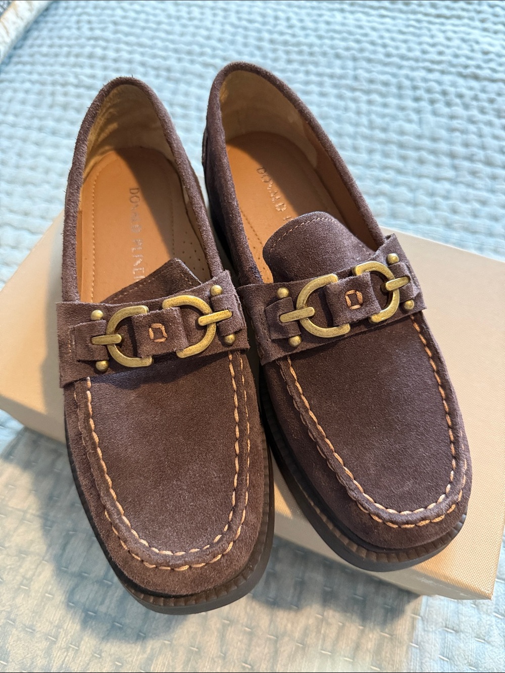 Womens Brown Suede Donald Pliner Loafers with Brass Accent